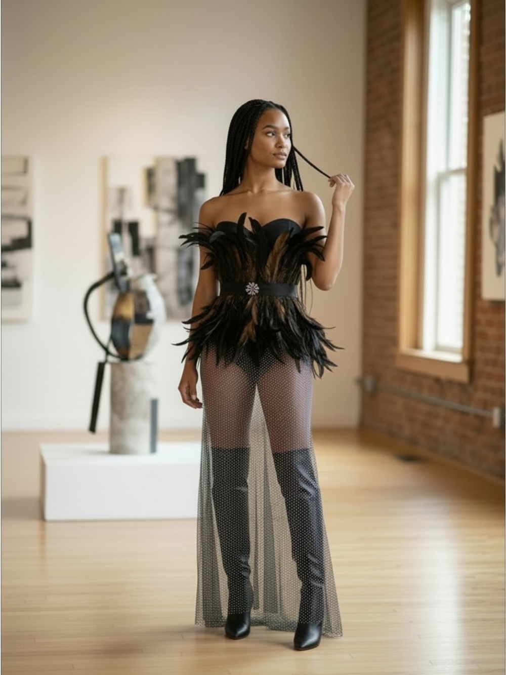NovaLuxe Feather Corset Dress Sheer Mesh Maxi Glam  Birthday Photoshoot - Picture 8 of 8